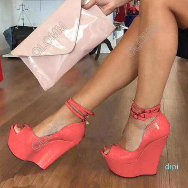 

wholesale-rontic 2021 handmade women platform shiny pumps wedges high heels peep toe gorgeous 7 colors dress shoes women plus us size 5-20, Black