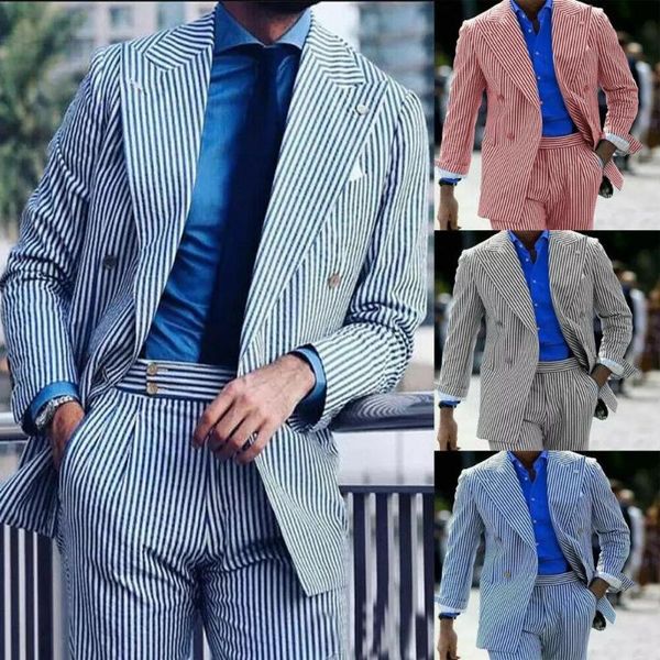 Ternos Masculinos Blazers Casual Fino Puro Macio Algodão Striped Seersucker Traje Formal Smoking TuxeDos Double-Breasted Party Blazers 2 pçs