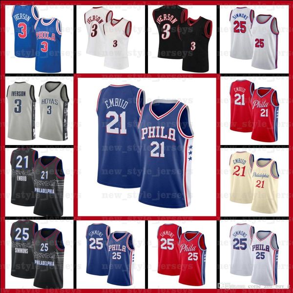 

ncaa 21 joel simmons iverson embiid 25 ben 3 allen philadelphia 76er jersey basketball jerseys x4, Black;red