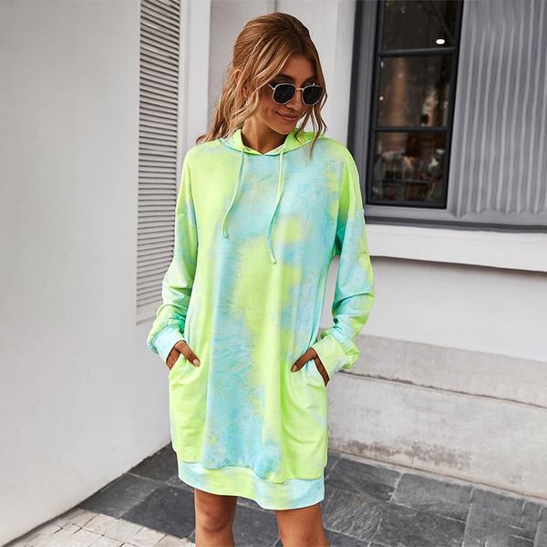 

casual dresses women's dress autumn winter tie dyed long sleeve hooded mini for women drawstring pockets pullover woman clothing, Black;gray