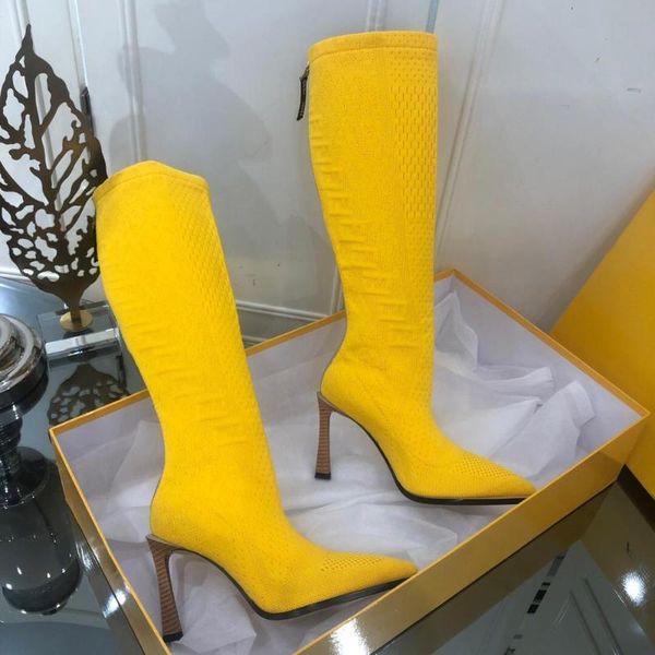 

boots 2021 est shoes women stretch fabric zip super heels pointed toe knee high solid zapatos de mujer, Black
