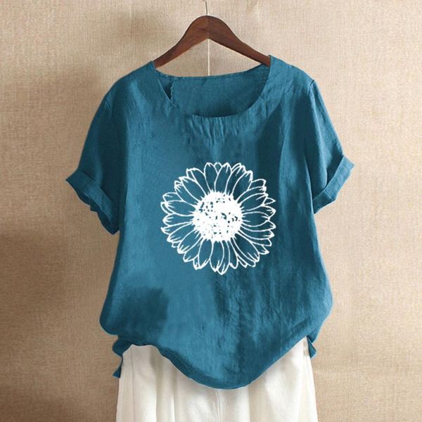 

women's t-shirt casual sunflower print short sleeve o-neck female beach blouse plus size 2021 summer women #23, White
