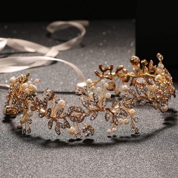 

hair clips & barrettes gold metal headband with ribbon pearls crystals luxurious bridal wedding accessories women dinner party headwear hd09, Golden;silver