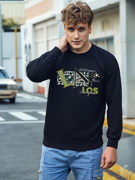 

men drop shoulder letter graphic pullover e4ik#, Black