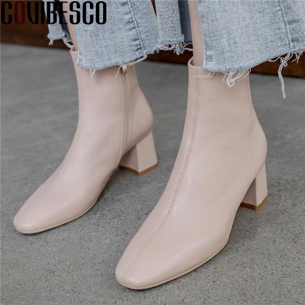 

boots covibesco genuine leather women ankle side zipper tnick heels shoes for wedding casual woman, Black