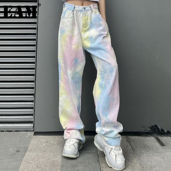 

women's jeans [eam] tie dye buckle high waist wide leg denim loose women full length trousers fashion tide spring summer 2021 1dd7234, Blue