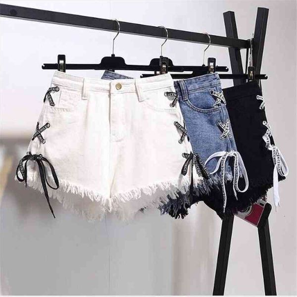 

summer women denim shorts black high waist ripped short jeans femmen side lace up bandage shorts, White;black