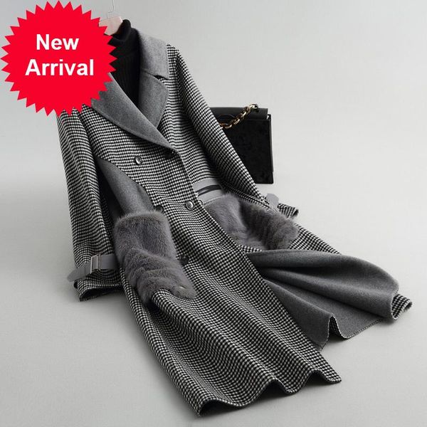 

a38026 women 2021 fall/winter new fashion wool plaid jacket lady's long style pocket leisure wool coat, Black