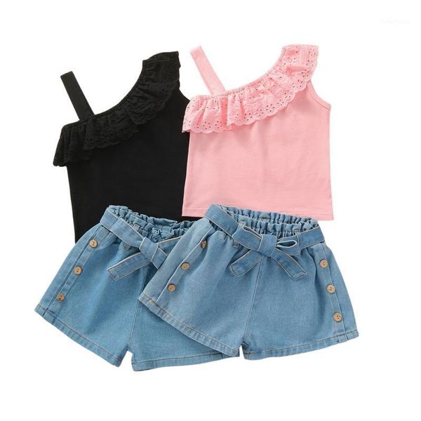 

clothing sets 2-6y girls clothes kids strap one shoulder ruffle belted denim shorts 2pcs outfits fashion summer children1, White