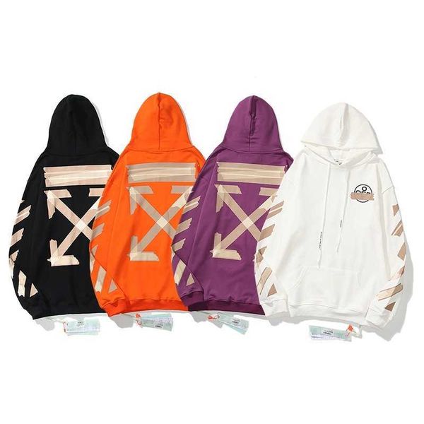 

autumn winter fashion off golden arrow tape printing hooded men's and women's loose casual couple's coat, Black