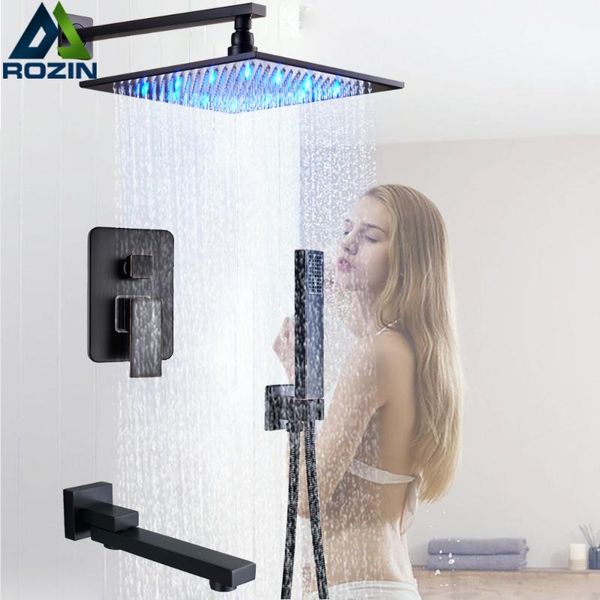 

led light shower faucet wall mounted black bronze rainfall shower column brass rain head embedded box control valve