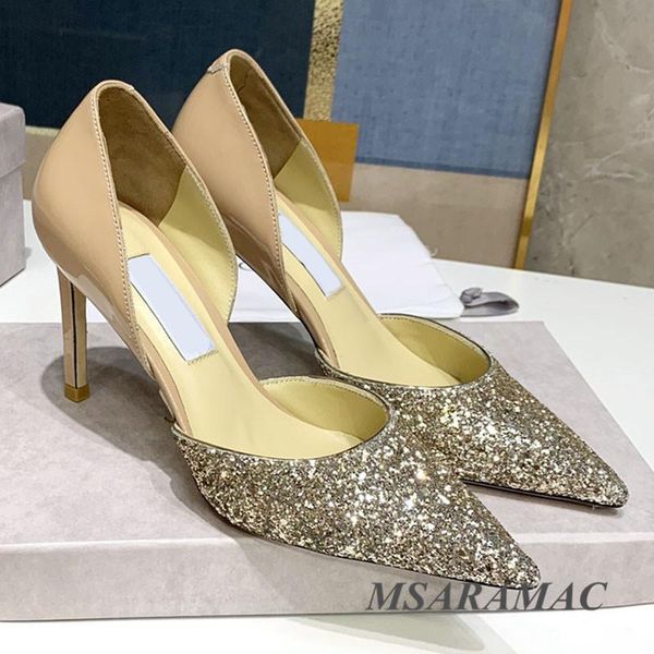 

gold sequin fabric stitching high-heeled sandals leather lining shiny wedding shoes summer street ladies party shoes, Black