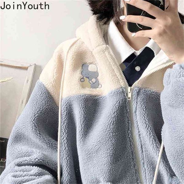 

joinyouth embroidery oversized sweatshirt plus velvet thicked hooded lamb wool coat patchwork pocket zipper hoodies jacket 7b602 210809, Black