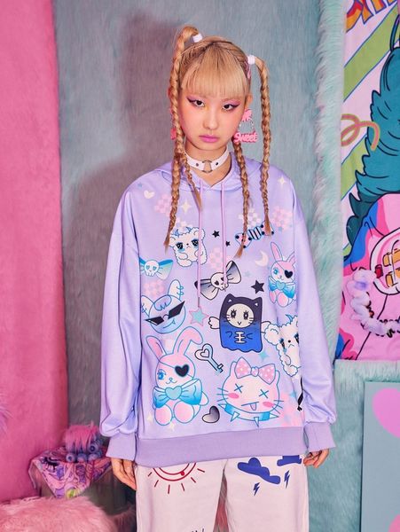 

romwe cartoon & skull graphic drawstring hoodie 98gc#, White;black