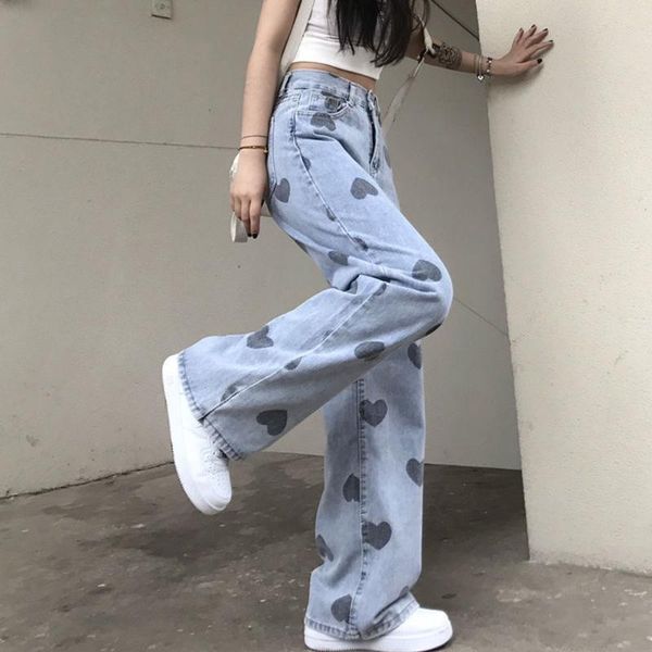 

women's jeans heart printing summer autumn 2021 large size high waist loose straight-leg wide-leg pants fashion, Blue