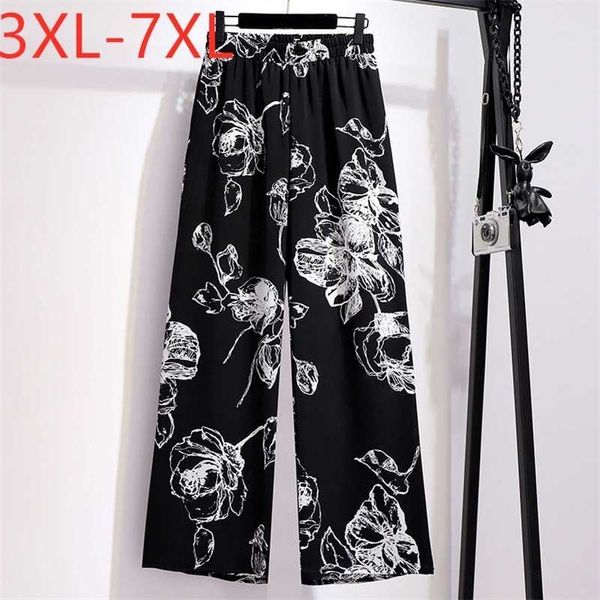 

summer plus size flare pants for women large loose casual wide leg floral print black long trousers 3xl 4xl 5xl 6xl 7xl 211021