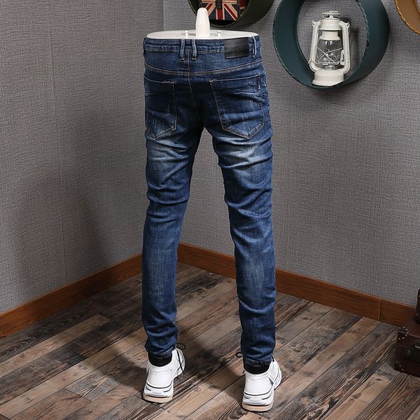 

streetwear dark fashion blue elastic slim fit ripped men denim pencil pants korean style hip hop jeans s8p2
