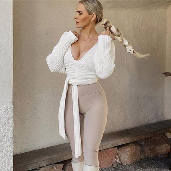

women's sweaters 2021 autumn women long sleeve v neck backless bandage knit crop solid color elegant female knitwear, White;black