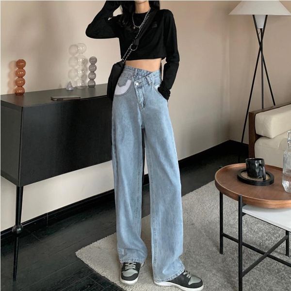 

women's jeans dd0130 style all-match personality wide-leg trousers loose high-waisted straight-leg women, Blue