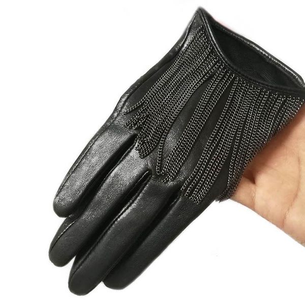 

five fingers gloves kimobaa women metal tassel real goat leather short black, Blue;gray