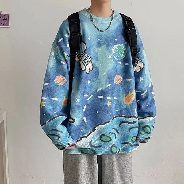 

men's sweaters 2021 lazy style hip hop pullover loose printing wool couple clothes knitting round neck in warm coats -5xl, White;black