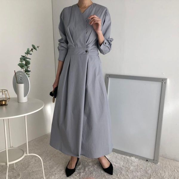

casual dresses 2021 fashion retro autumn dress solid color v-neck long sleeve high waist japanese style women's, Black;gray