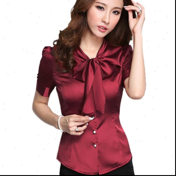 

2021 plus size 4xl 5xl short sleeve bow tie collar satin shirts women office work satin shirts lady plus size satin blouses, White
