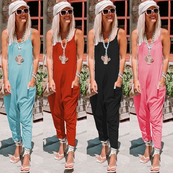 

2021 new vero nova mulher casual bolsos solto praia macaces mangas sem costas espaguete cinta playsuits macaco r717 ttfv, Black