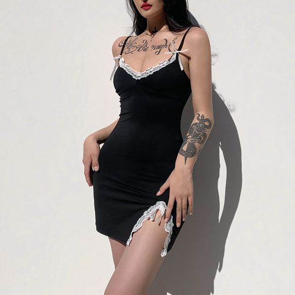 

split side lace bodycon mini dresses ladies v neck sleeveless spaghetti strap dress summer backless korean y2k, Black;gray