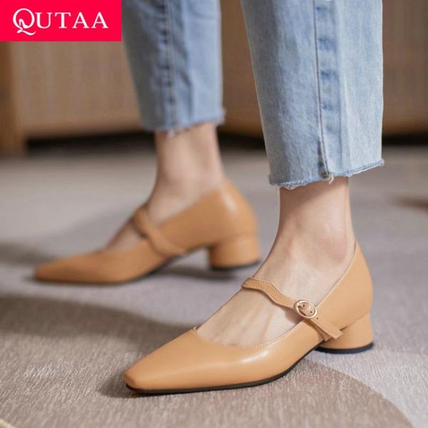 

dress shoes qutaa 2021 microfiber buckle shallow women square med heels spring autumn pointed toe concise ladies pumps size 34-43, Black