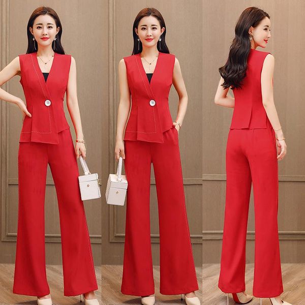 

women's tracksuits fashion suit summer sleeveless professional temperament was thin two-piece wide leg pants, Gray