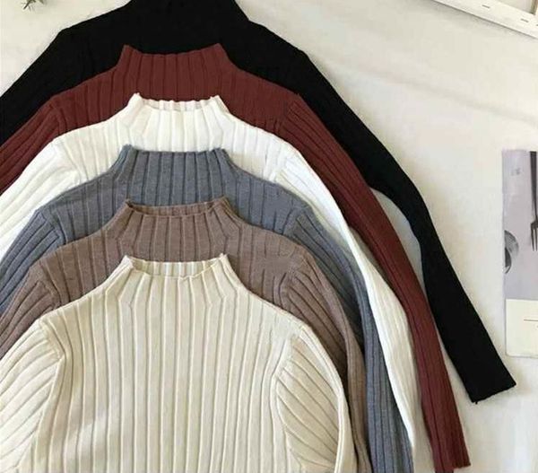 

2021 new half turtleneck knitted sweaters women slim long sleeve bottoming rib jumper autumn winter thicken pullover female 926e d4sl, White;black
