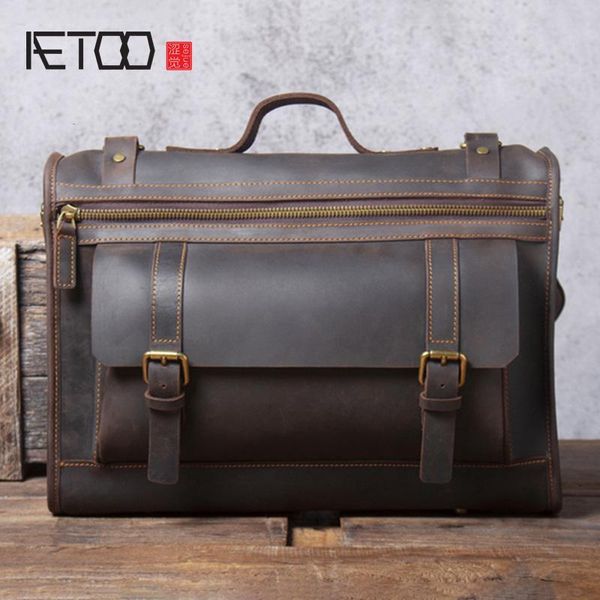 

HBP AETOO Bags Vintage Head-layer Briefcase, Mad Horse Leather Hand-slanted Bag, Large-capacity Shoulder Bag, Black