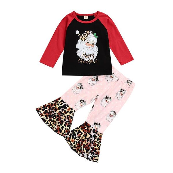 

clothing sets 2021 xmas kids baby girl cartoon santa print long sleeve leopard patch flare pants cute costume 2pcs 0-4yars, White