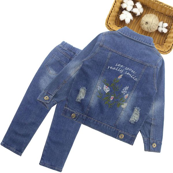 

girls clothes sets flower embroidery denim jacket + jeans 2pcs for kids girl full sleeve kids autumn clothes 6 8 10 12 14 year, Blue;gray