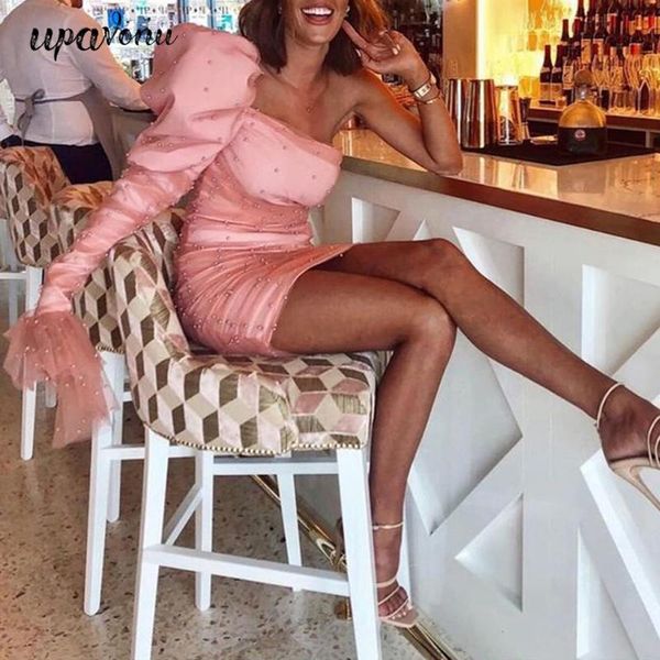 

casual dresses upavonu 2021 women's single shoulder drape mini dress black fashion pearl bubble long sleeve nightclub vestidos, Black;gray