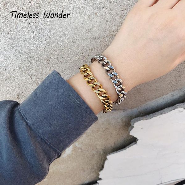 

timeless wonder titanium pave chunky curved chain id bracelet women stainless steel punk goth jewelry boho ins trendy 1621, Golden;silver