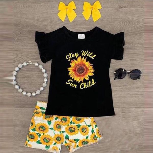 

clothing sets girl outfits toddler kids baby girls clothes summer short sleeve solid color letter print +sunflowers shorts, White