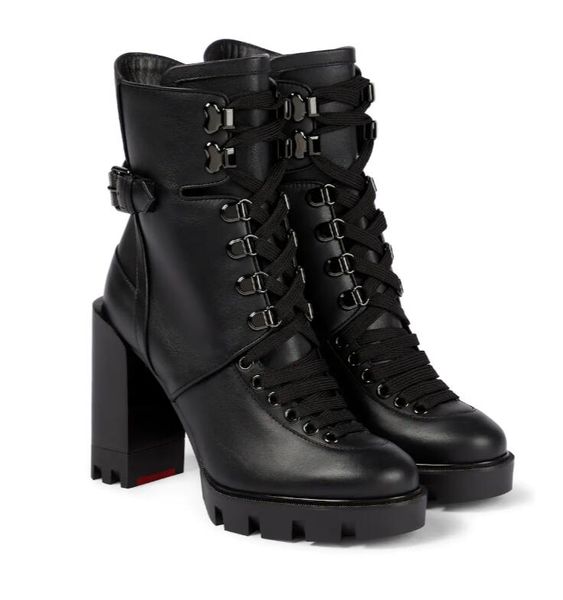 

luxury design red sole boot women ankle boots genuine leather spikes mayr boot chunky heels lug soles famous lady party wedding combat booti, Black