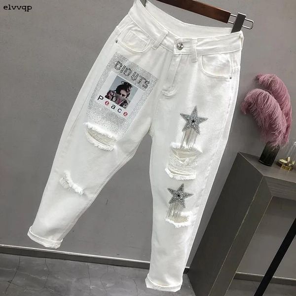 

women's jeans calça jeans feminina folgada, plus size, cintura alta, casual, vintage, com buracos, feminina, comprimento de tornozelo,, Blue