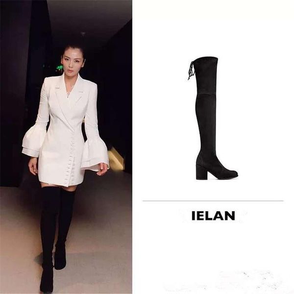 

boots elastic thick heel woman 2021 high overknee, Black