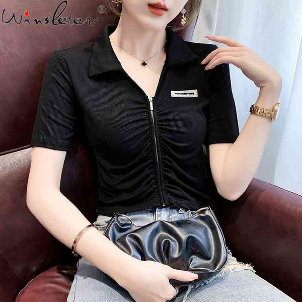 

women's t-shirt summer european clothes cotton short fashion fold zipper crop women solid all match tees t15221a 6mb, White