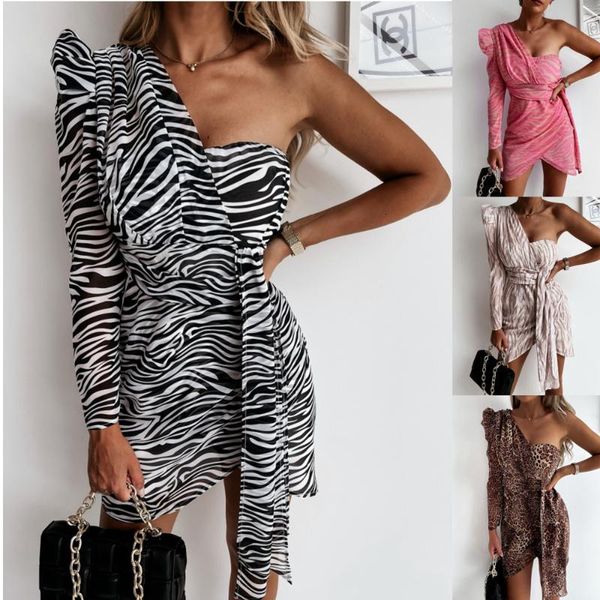 

casual dresses fashion autumn mini dress women elegant female one shoulder ladies leopard print slash vestido feminino, Black;gray
