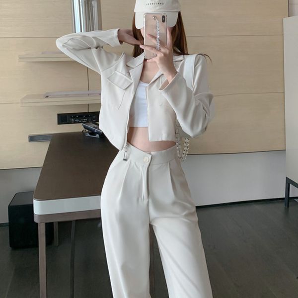 

women's two piece pants vetement femme 2021 casual set women crop vintage blazers coat & suits 2 piece sets womens outfits clo, White