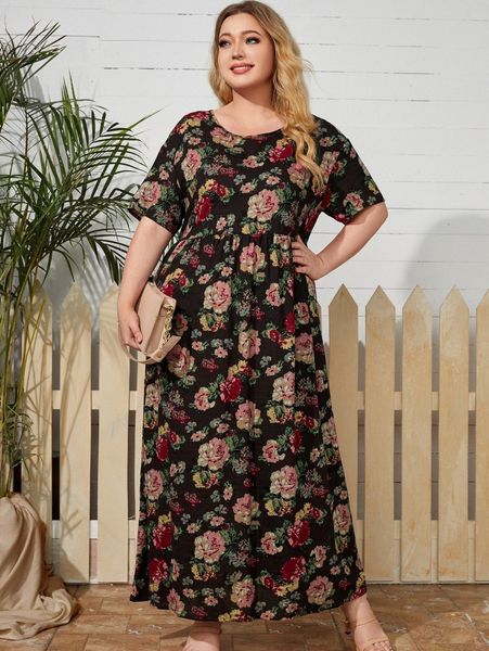 

plus floral print smock dress e32m#, Black