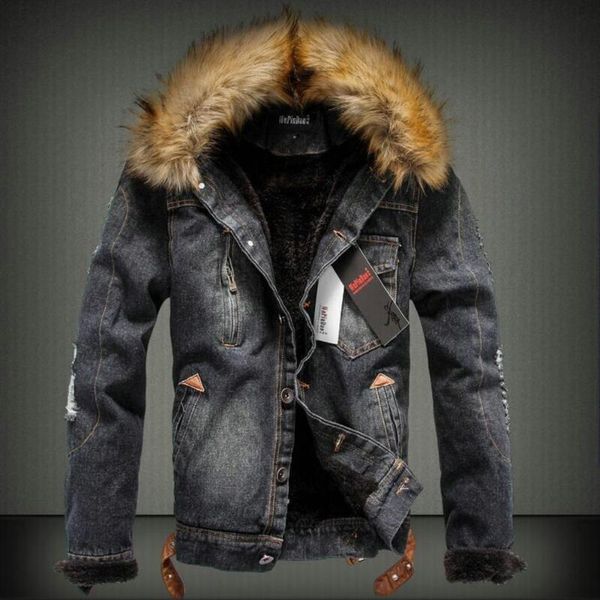 

men's jackets men winter jean outerwear warm luxury fur collar denim coats large size wool liner thicker 6xl, Black;brown