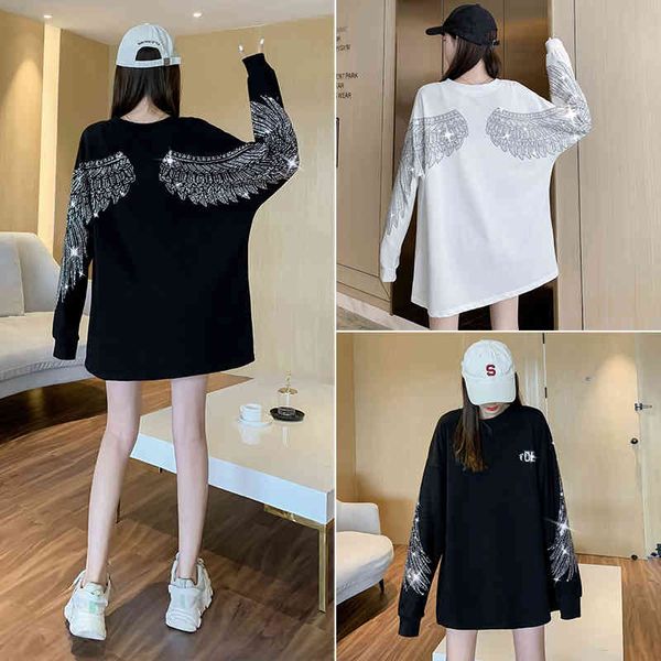 

women's hoodies & sweatshirts primavera outono feminino asas impresso strass moletom preto manga longa s solto mulher oversized pulÃ´ve, Black