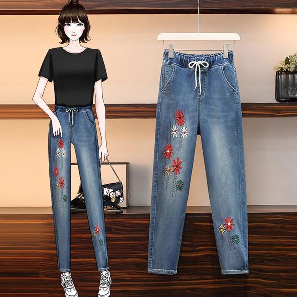 

women's jeans spring fashion women embroidery scratches office lady elastic waist blue casual harem denim pants straight turnip