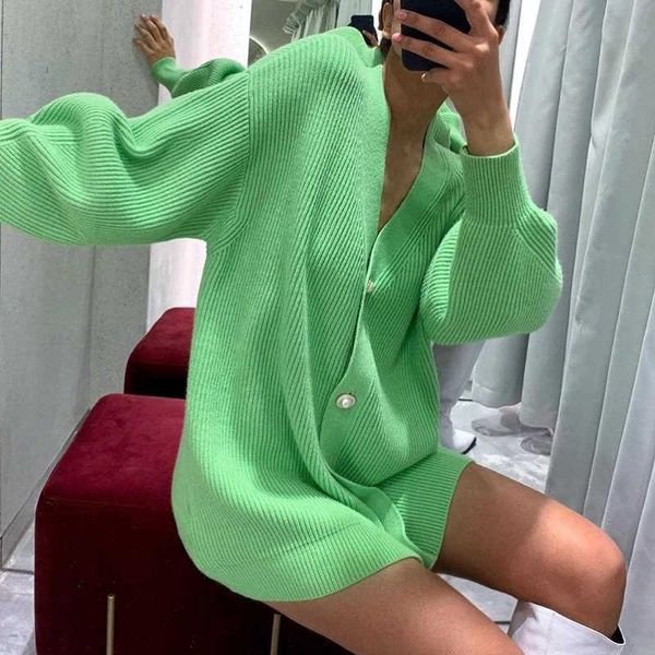 Meiyangyoung Green Long Cardigan Mulheres Outono Inverno Cardigan Solta Básico Senhoras Sweater Feminino Button Knitwear Suéter 211014
