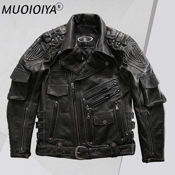 

men's leather & faux men's genuine jacket multi pockets lapel diagonal zipper cowhide coat locomotive male, Black